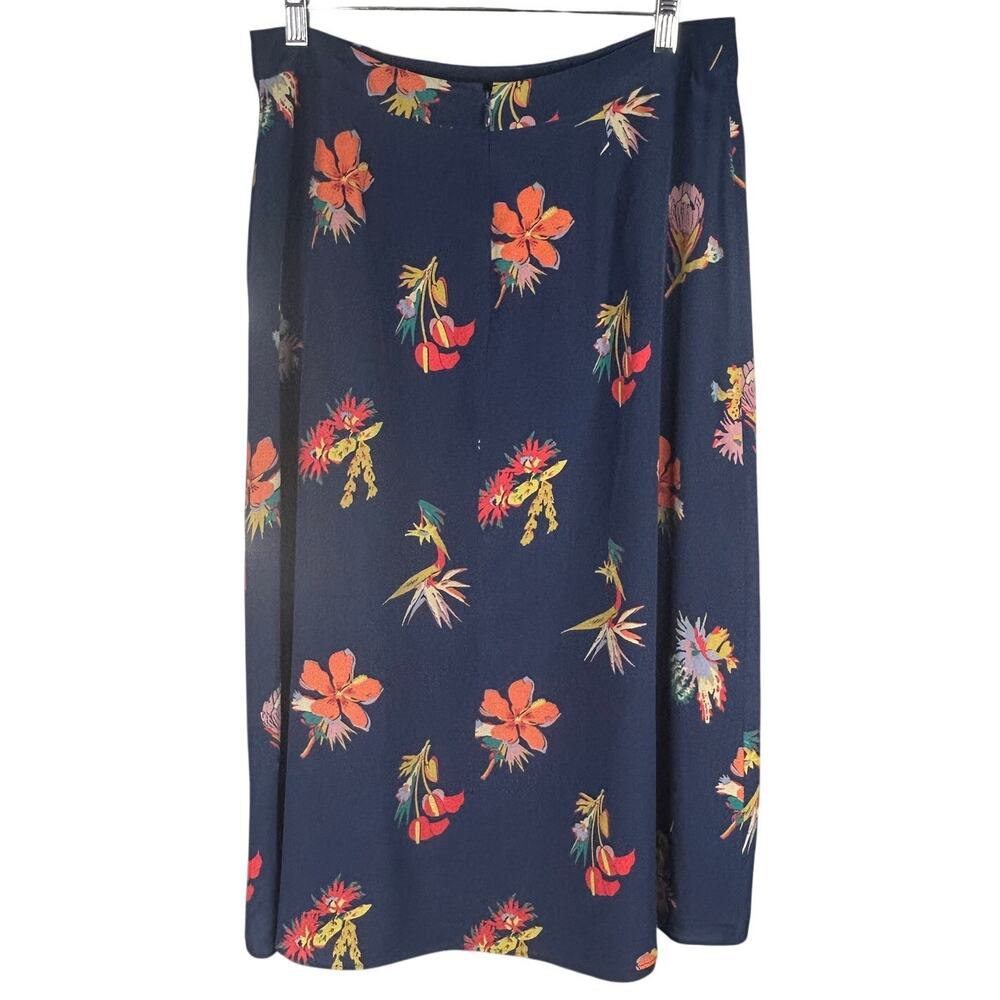 MADEWELL Size 8 100% Silk Atrium Midi Skirt Bird of Paradise Floral Blue Modest